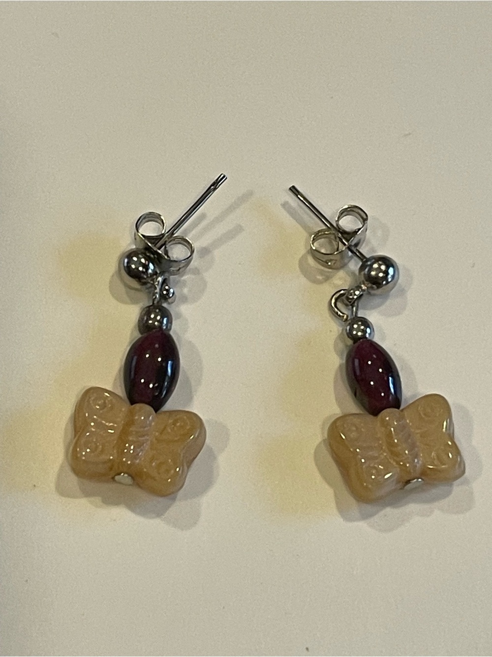 Butterfly Red & Tan Glass Bead Pierced Earrings #9184